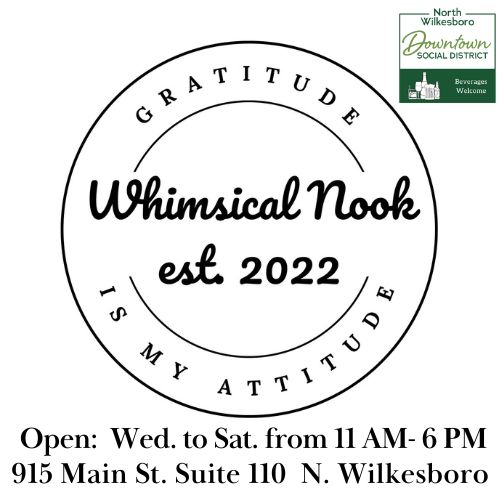 Whimsical Nook located in historic downtown North Wilkesboro, NC allows social district beverages